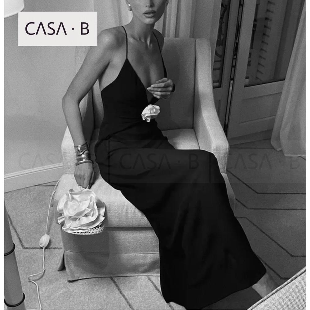 NEW!💫CASA B| Madeline Rosette flower Appliqué Deep V Sheer Long Slip Maxi Dress - Picture 4 of 11